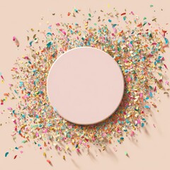 Pale pink circle, centrally positioned, encircled by a vibrant explosion of multicolored confetti on a light beige background