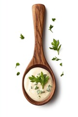Wooden spoon filled with creamy mayonnaise sauce, isolated on a white background.
