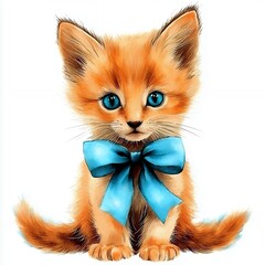 Adorable Orange Kitten with Bright Blue Eyes and a Blue Bow Sitting on a White Background