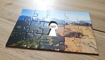 Landscape puzzle with a missing piece forming a keyhole. Concept for solutions, opportunities, discovery, or finding the right fit. Visualizes problemsolving.