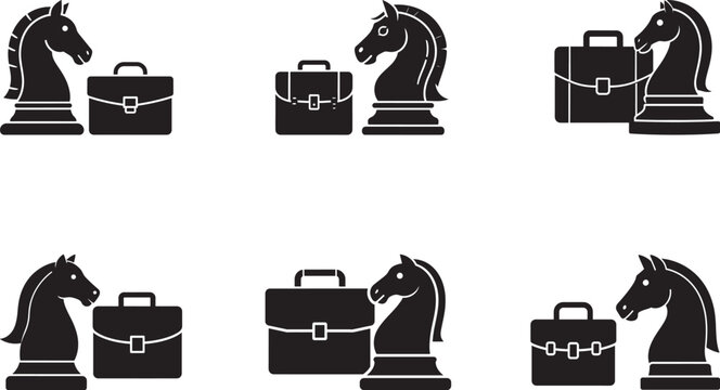 A set of black silhouette icons combining chess knight pieces and business suitcases, representing strategy and corporate concepts. Perfect for presentations, business branding - Powered by Adobe