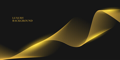 Abstract luxury with shining gold lines waves on black background. Futuristic background of flowing gold lines for banner, poster, cover, brochure, flyer, website