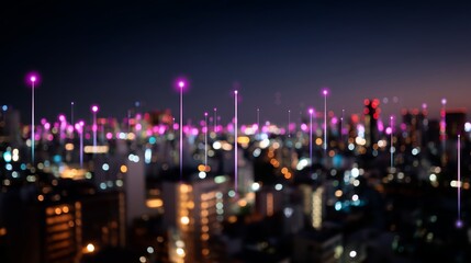 City skyline illuminated by vibrant lights at dusk with a tech-inspired digital overlay creating an abstract atmosphere