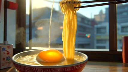 Close-up of steaming ramen in a red patterned bowl, with chopsticks lifting noodles, in front of a window with a blurred city view - Powered by Adobe