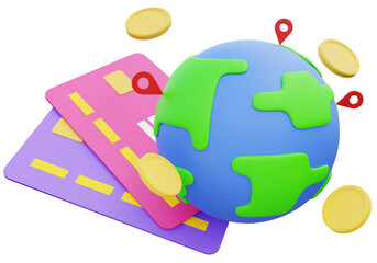 3D Credit Card and Coin Globe Floating in Mid Air. Find Money Transfer Location Worldwide. Global Transaction. Online Banking Concept. Investment. Finance. 3D Rendering.