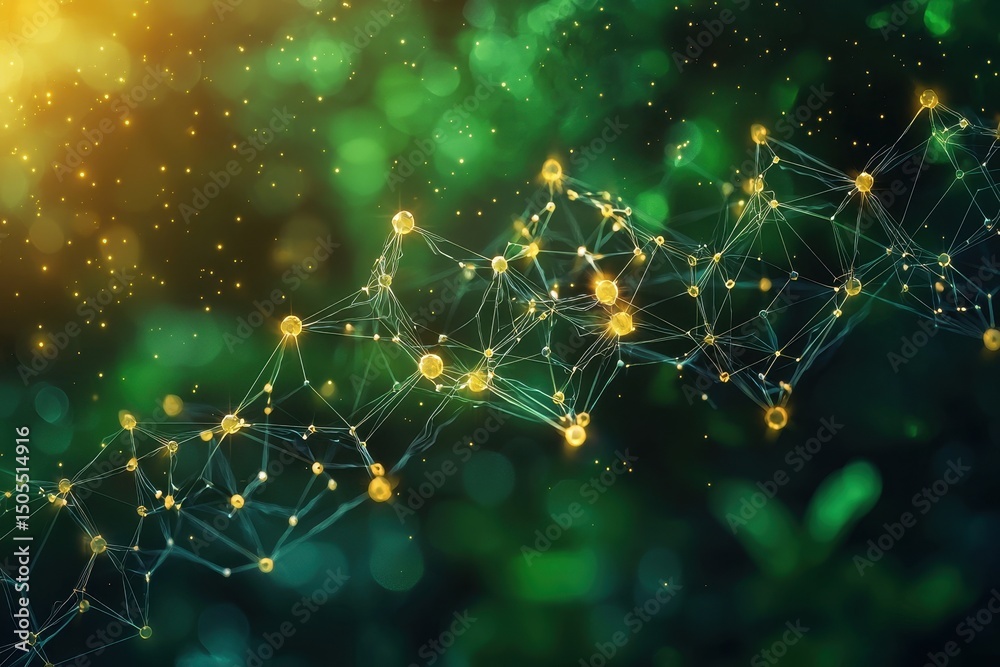 Wall mural abstract network of glowing nodes and connections against a vibrant green and yellow bokeh backgroun