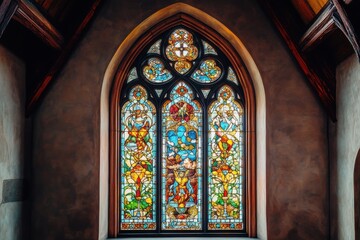 Obraz premium Ornate stained glass window in a church with religious imagery