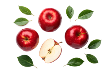Red Apples and Green Leaves Arrangement on Transparent Background