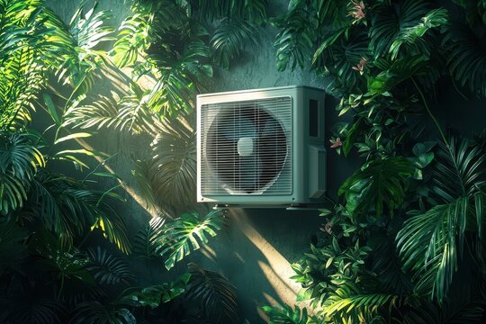 ** Modern Air Conditioning Unit Surrounded by Lush Greenery in a Sunlit Urban Jungle Setting..**
