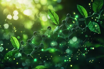 Futuristic Green Energy Concept with Glowing Molecular Structures in a Lush Natural Environment