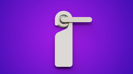 Blank paper or plastic empty label for hotel doorknob room, dont disturb signs, messages on entrance knob on a purple background. Door hanger and handle mock up.