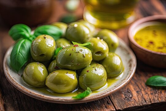 Green olives glistening with oil, seasoned with herbs, served on a rustic plate with basil and a small bowl of olive oil-based dressing - Powered by Adobe