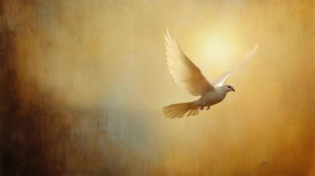 A white dove soars gracefully against a warm, golden, blurred background, evoking peace and serenity