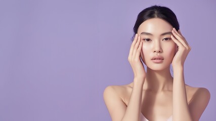 Fototapeta premium Woman holding face with both hands. Skincare and beauty concept 