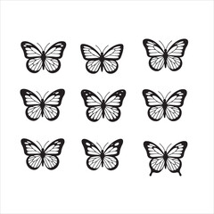 Nine symmetrical, black outline butterfly silhouettes against a white background.