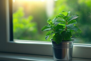 Fototapeta premium Fresh mint plant on kitchen windowsill nature-inspired home decor indoor gardening cozy atmosphere natural light close-up beauty