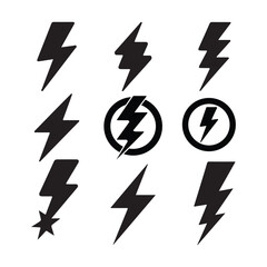 Collection of Black Lightning Bolt Icons, This image features a set of various black lightning bolt icons on white background