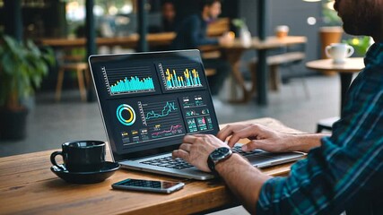 An individual in a plaid shirt works on a laptop displaying data graphs, in a cafe with coffee and a phone nearby - Powered by Adobe