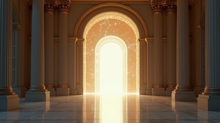 Majestic neoclassical archway with gold leaf details and radiant glowing passage