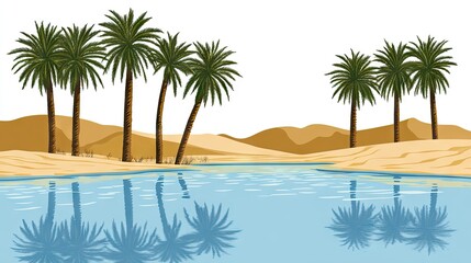 Fototapeta premium Desert oasis with palm trees and a calm river.