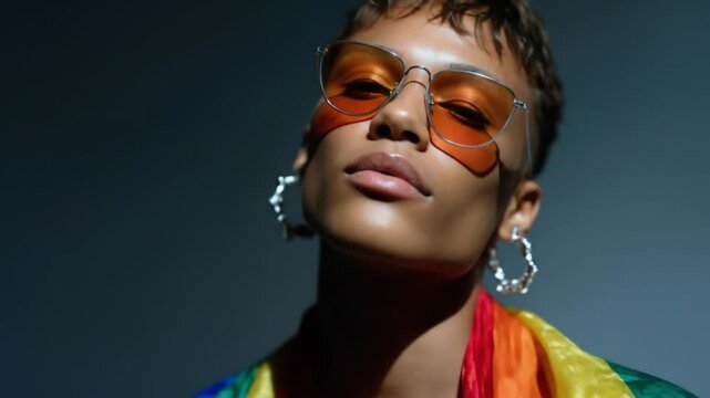 Young non binary model posing with rainbow flag
