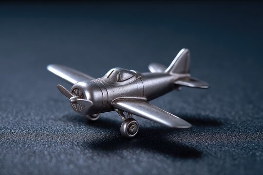 A silver miniature propeller plane rests on a dark surface, casting a subtle shadow; detailed craftsmanship is evident - Powered by Adobe