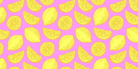Bright seamless pattern with whole lemons, slices, and halves on pink background. Fresh citrus vector for summer designs.