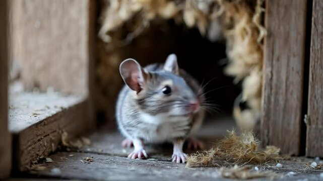 Small gray mouse emerging cautiously from wooden burrow.