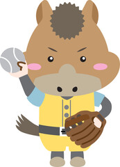 グローブで野球をするかわいい馬キャラクター（午年イラスト）