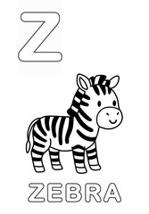Alphabet Coloring Page for Kids. Children's Coloring Activity sheet. Cute Zebra Illustration to Color.	