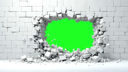White wall breaking with a hole revealing a green screen and flying debris
