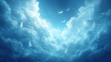 Obraz premium Ethereal Blue Clouds with Angelic Feathers in a Dreamy Sky