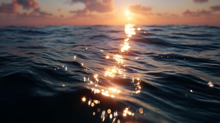 Obraz premium Sunset over tranquil ocean waves reflecting golden light in a serene coastal setting