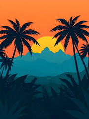 Obraz premium Tropical sunset, Palm tree sunset, Sunset beach, Sunset with palm trees, Tropical landscape, Island sunset, Summer evening, Exotic sunset, Sunset over ocean, Palm silhouette, Beach sunset scene, Tropi