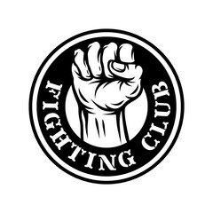 Monochrome fighting club logotype with strong fist punch in vintage style isolated vector illustration