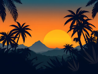 Tropical sunset, Palm tree sunset, Sunset beach, Sunset with palm trees, Tropical landscape, Island sunset, Summer evening, Exotic sunset, Sunset over ocean, Palm silhouette, Beach sunset scene, Tropi