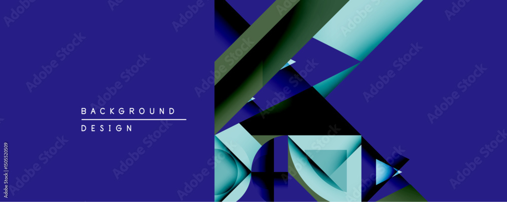Poster Abstract geometric composition. Overlapping layers create depth, using cool blues, greens, black. Modern design element for backgrounds, presentations. Minimalist aesthetic.