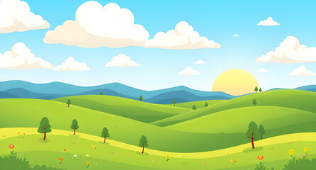 Fototapeta premium Green field, Blue sky sunrise, Sunrise landscape, Morning field, Green meadow, Sunrise sky, Nature sunrise, Countryside sunrise, Early morning field, Sun rising over field, Blue sky background, Sunris