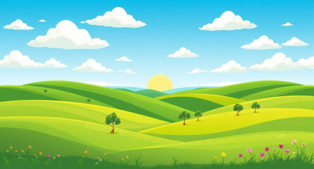 Fototapeta premium Green field, Blue sky sunrise, Sunrise landscape, Morning field, Green meadow, Sunrise sky, Nature sunrise, Countryside sunrise, Early morning field, Sun rising over field, Blue sky background, Sunris