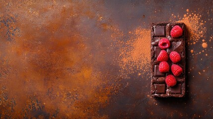 A rich chocolate brownie topped with raspberries and dusted with cocoa powder, styled on a textured background.