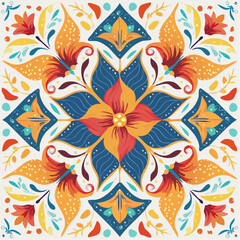 Vibrant Floral Tile Pattern Square Batik-Inspired Design