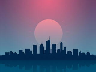skyline with sunset sky, urban silhouette cartoon, cartoon towers, sunset cartoon scene, nightfall cityscape, pastel sunset city, cartoon architecture, cartoon skyline illustration, city at dusk drawi