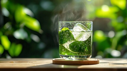 glass cup of iced matcha with condensation beads, bamboo coaster beneath, and a blurred green garden view in the background with soft depth of field