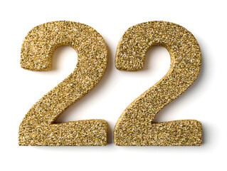 Vibrant golden glitter number twenty-two, sparkling brightly with an elegant shadow on a clean white background, perfect for celebrating memorable milestones and festive occasions