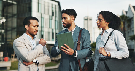 Tablet, discussion and business people in city for meeting, teamwork and collaboration on urban development. Professional, men and woman on digital tech for research, town planning and conversation