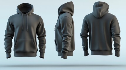 Dark gray hooded sweatshirt, three-quarter view showcasing front, side, and back