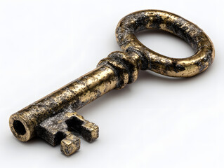 Antique bronze skeleton key isolated on a pure white background, representing access, security, and finding a solution to a problem.