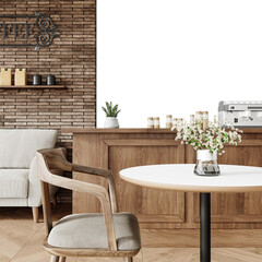 Free PNG wallpaper mockup in Coffee Shop Interior Design, Cozy Cafe Interior with Wooden Furniture and Brick Wall, 3D rendering