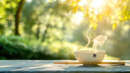 A steaming cup of tea on a wooden table in a garden setting.