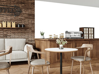 Free PNG wallpaper mockup in Coffee Shop Interior Design, Cozy Cafe Interior with Wooden Furniture and Brick Walls, 3D rendering